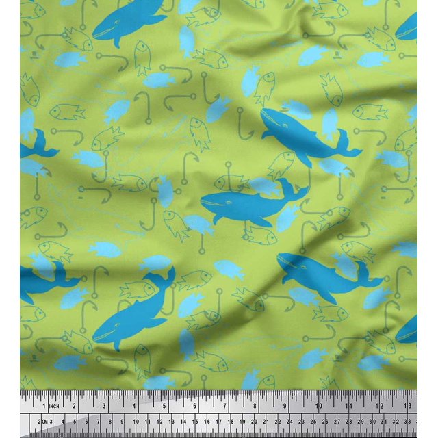 Soimoi Rayon Crepe Fabric Fishing Hook,Fish & Whale Ocean Printed Fabric 1 Yard 46 Inch Wide