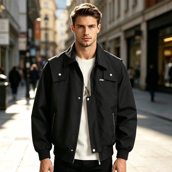 Mens Streetwear Functional Cargo Jacket, Lapel Button Zipper Pocket Outer Coat, Lightweight Windproof Casual Top