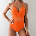 thumbnail image 2 of Bathing Suit for Women Mesh Insert V Nack Open Back Ring Detail One Piece Swimsuit Beach Vacation Swimwear (XL, Orange), 2 of 5