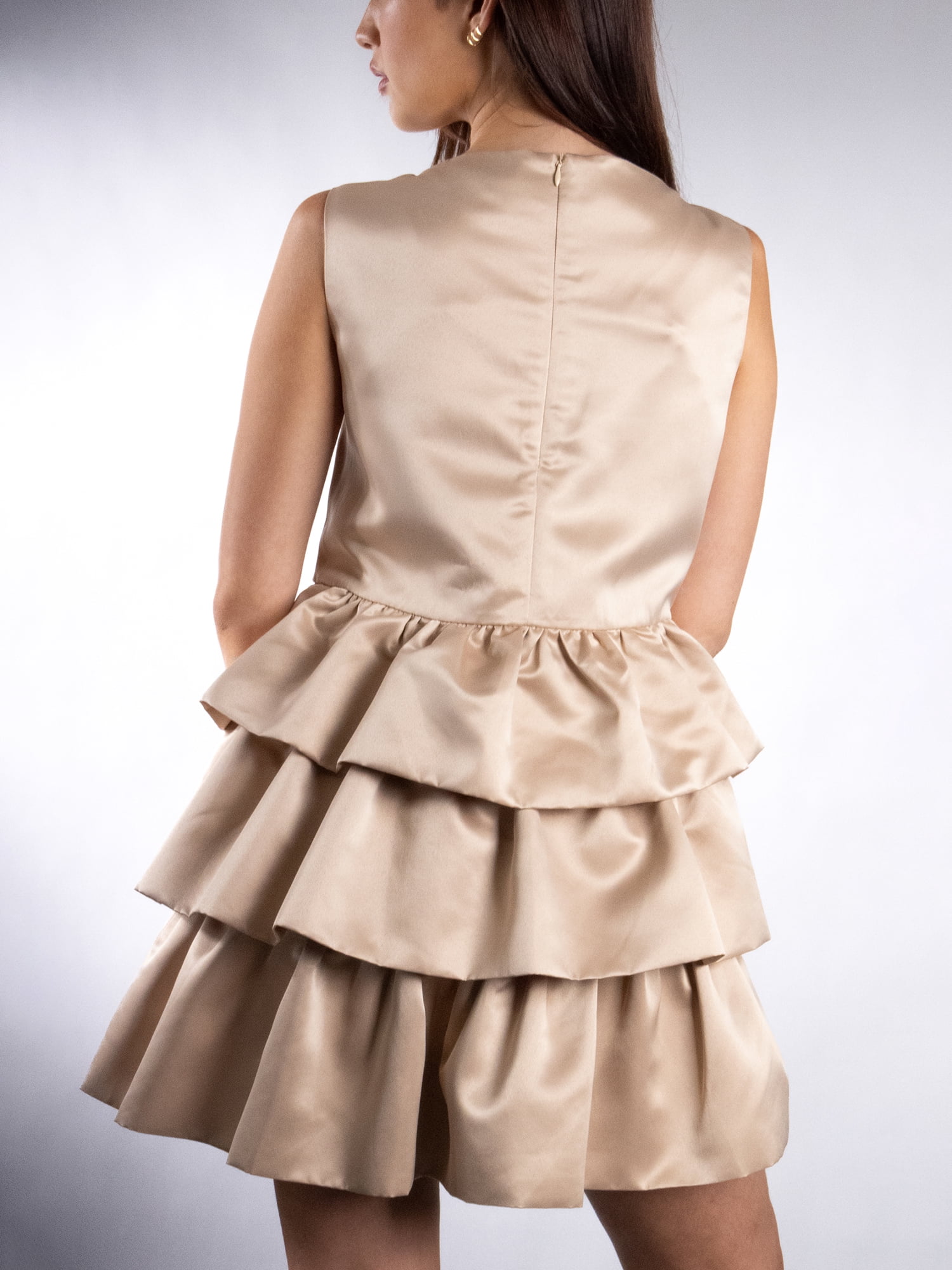 DARING DIVA Women's Elegant Boat Neck Tiered Mini Dress S Khaki