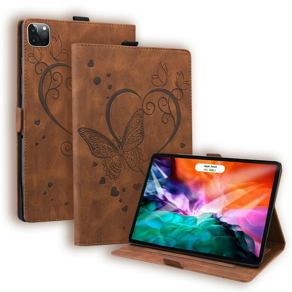 Dteck Case For iPad Pro 12.9" 5th/4th Generation,Smart Magnetic Leather Butterfly Pattern Card Holder Wallet Hybrid Rubber Kickstand Case Cover for iPad Pro 12.9-inch 2021/2020,Brown
