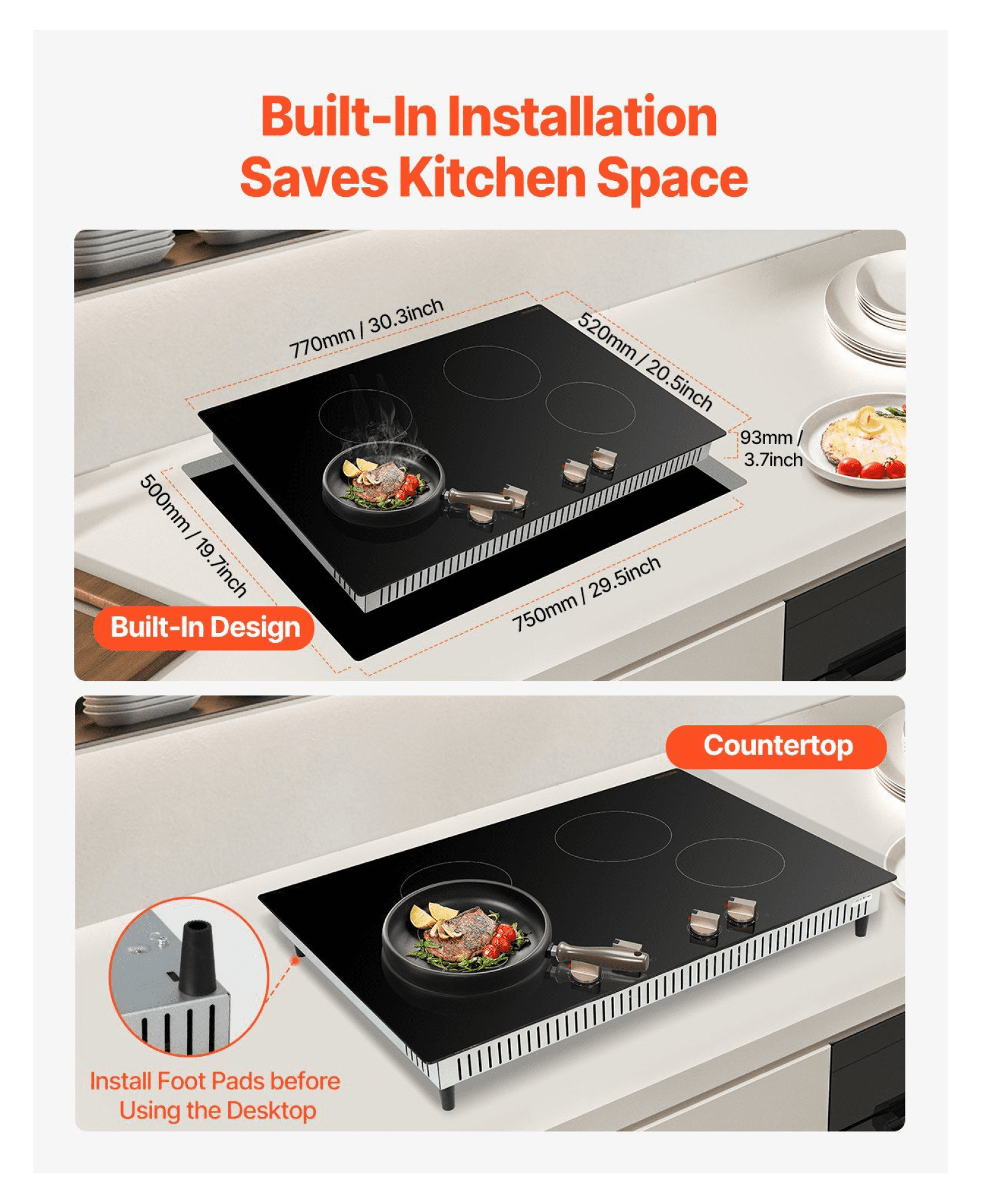 6600W 4 Burner Induction Cooktop, Electric Countertop Stove, Knob Control, Built-in Cooktop for Kitchen, Fast Heating, Safety Features, Easy Clean
