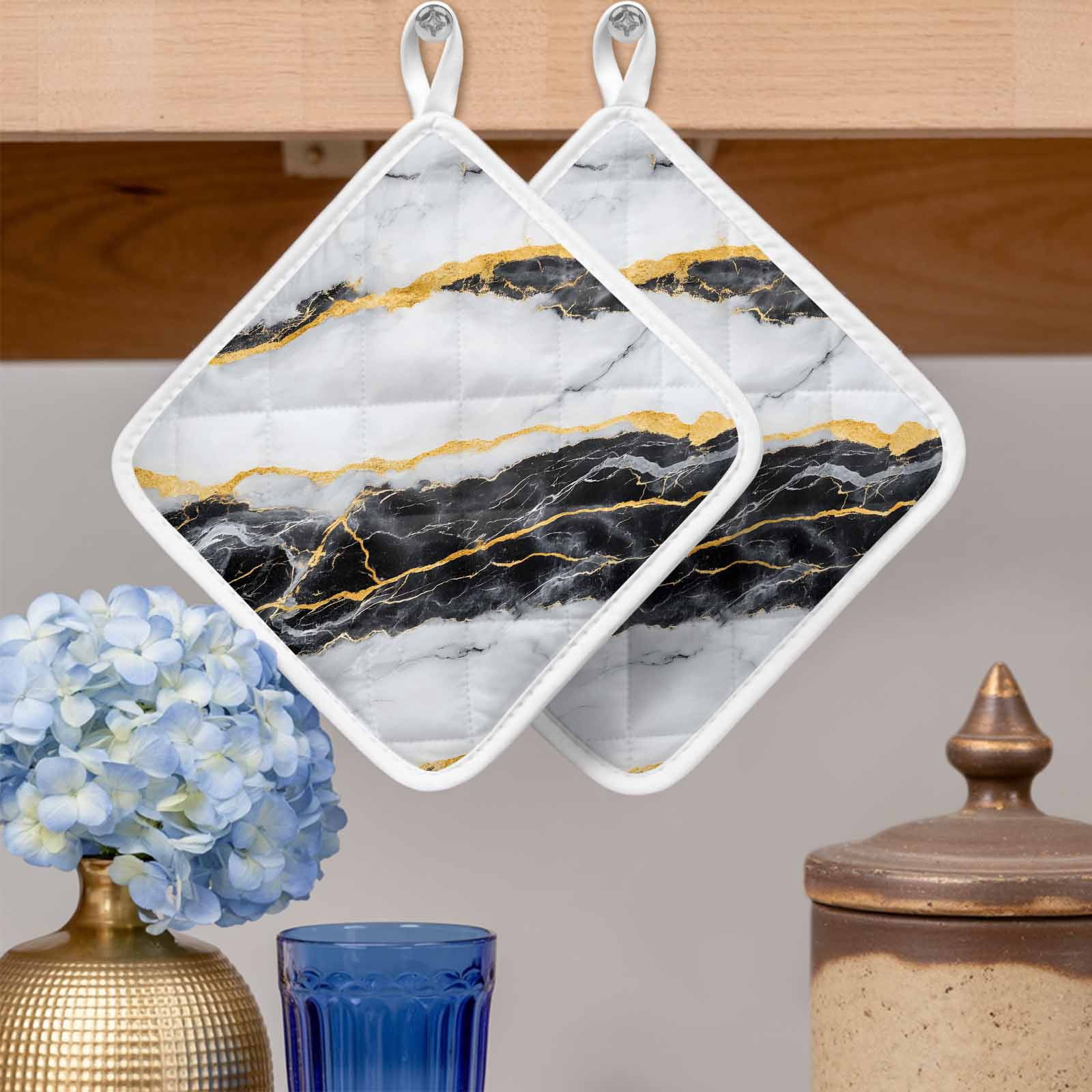 Marble Black Pot Holders for Kitchen Heatproof Potholder, 3 Pack Gold Foil Ceramic Style Cracks Scratches Hot Pads Multipurpose Oven Pads Cloth Potholders Trivet for Cooking Baking