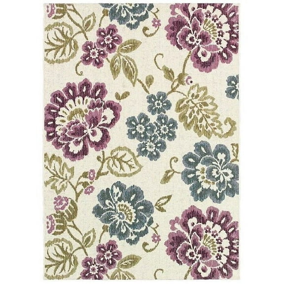 Couristan 4' x 5' Ivory and Purple Floral Rectangular Outdoor Area Throw Rug
