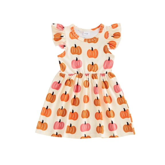 Suealasg Little Girls Halloween Clothes 6M 1T 2T 3T 4T Kids Girls Flying Sleeve Pumpkin Print A-line Princess Dress Halloween Holiday-themed Party Dress for Toddler Girls