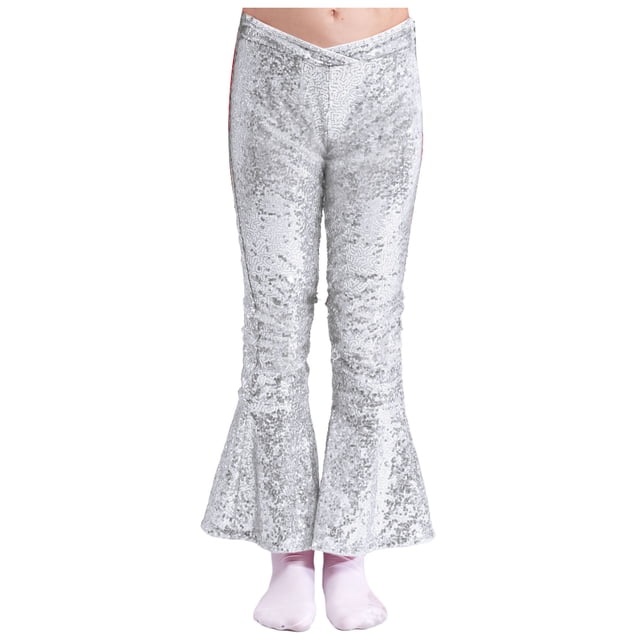 Alvivi Pantalons Évasés à Paillettes pour Filles Enfants Leggings Rétro Brillants Hip Hop Jazz Danse Argent 12