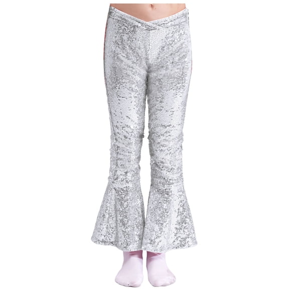 Ocealan Kids Girls Sparkly Sequin Flare Trousers Shiny Retro Bell Bottoms Leggings Hip Hop Latin Jazz Dance Pants Silver 14