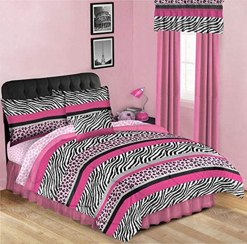JUNGLE Chic Teen Girls PiNK BLACK WHITE ZEBRA Stripe COMFORTER Bed~In~A~Bag Set 