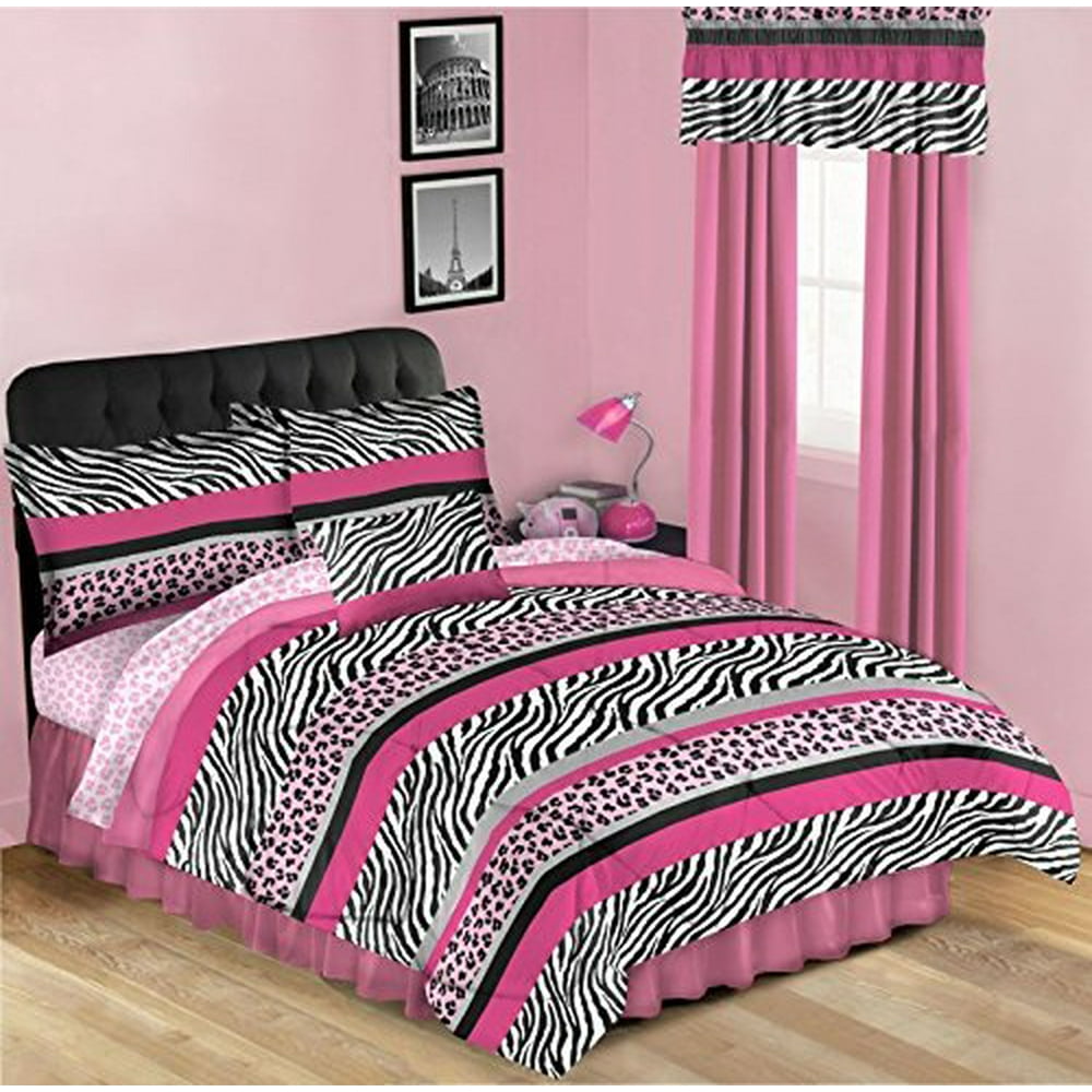 Pink & Black Leopard Zebra Teen Girls Twin Comforter & Sheet Set (6