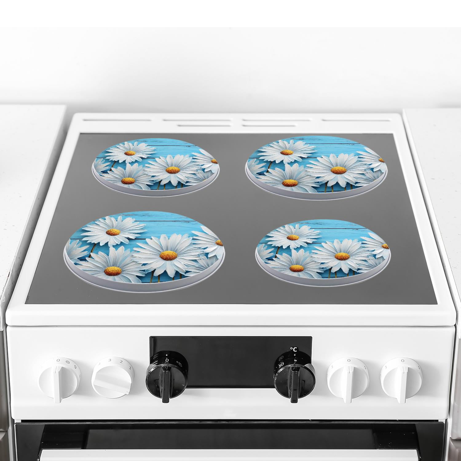 Decorative Stove Burner Covers 4 Pcs Metal Round Stove Burner Covers 8Inch And 10Inch for Home Decor Cooktop Decorative ,Daisy Flower on Blue Wooden picture