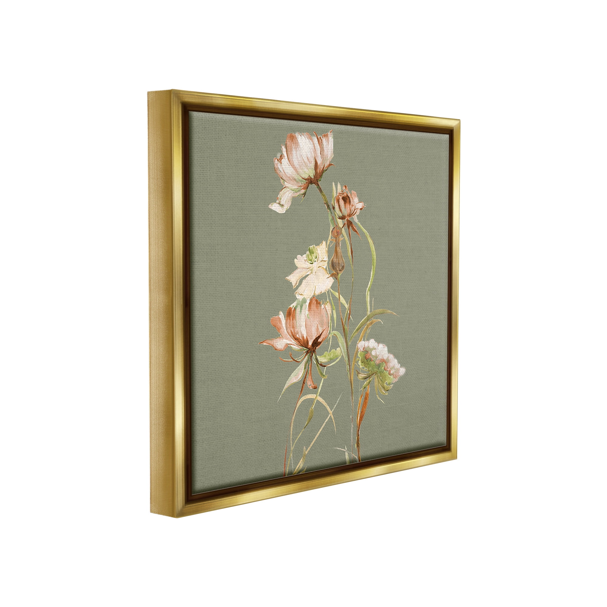 Stupell Industries Delicate Blooms on Green Botanical & Floral Painting Gold Floater Framed Canvas Art Print Wall Art, 18 x 18