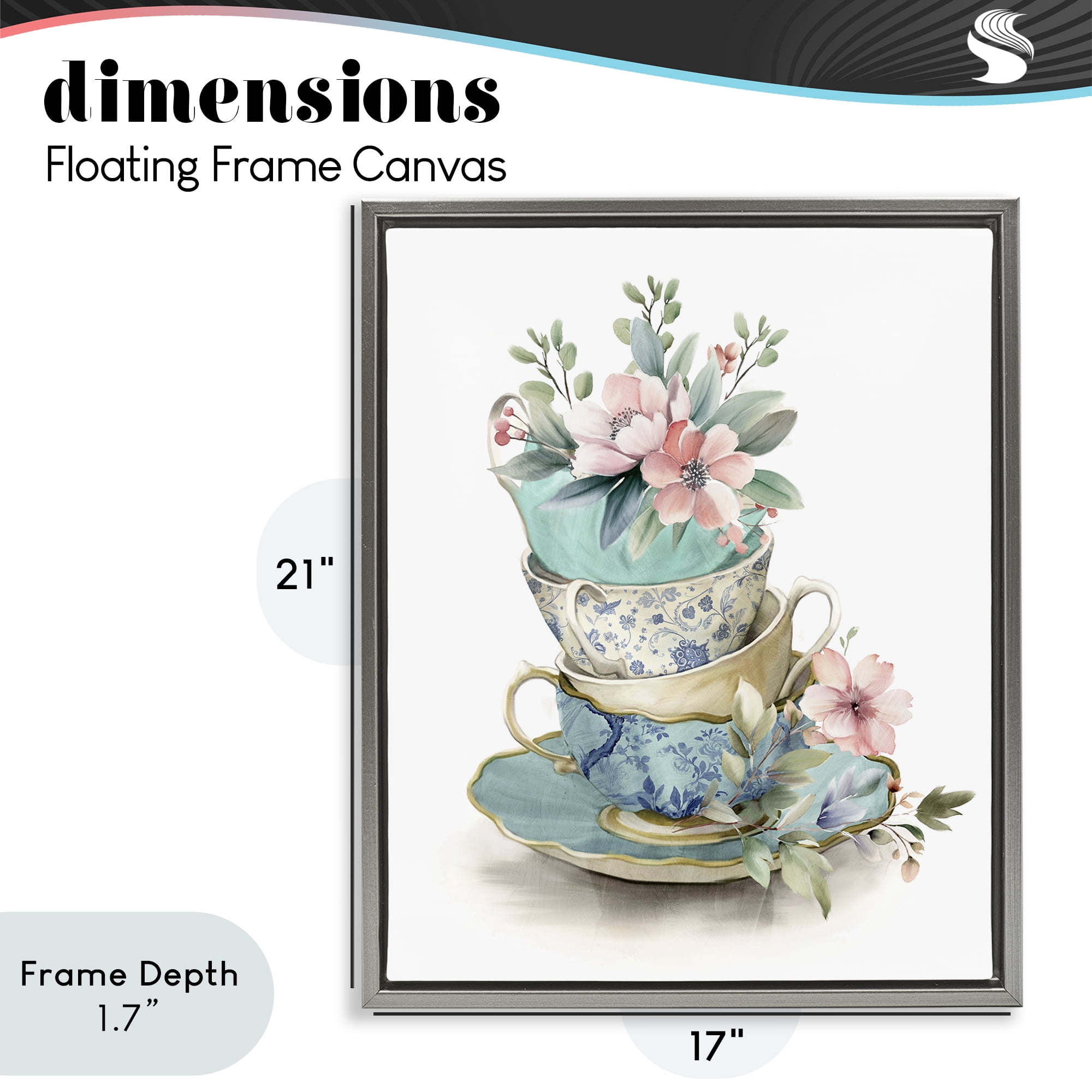 Stupell Industries Tea Cup Chinoiserie Blossoms Gray Framed Floater Canvas Wall Art, design by Kim Allen