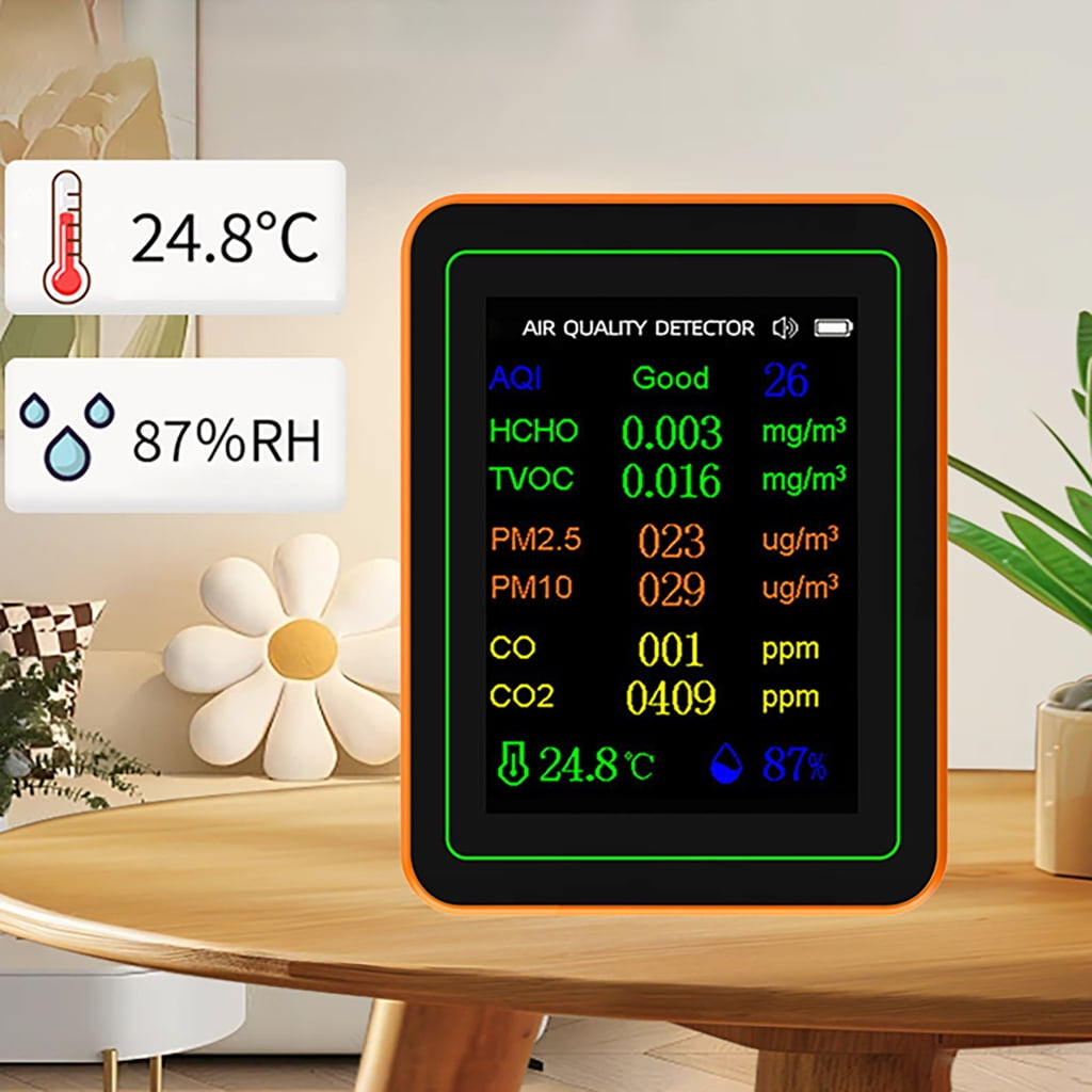 Osdhezcn Air Quality Pollution Meter HCHO TVOC CO CO2 PM2.5 PM10 Temperature Humidity Meter with Buzzers Tester Color Display