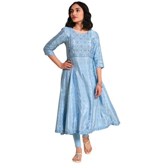 W For Woman Blue Sequined Shantung Kurta (Size: S)-23Few18656-119830