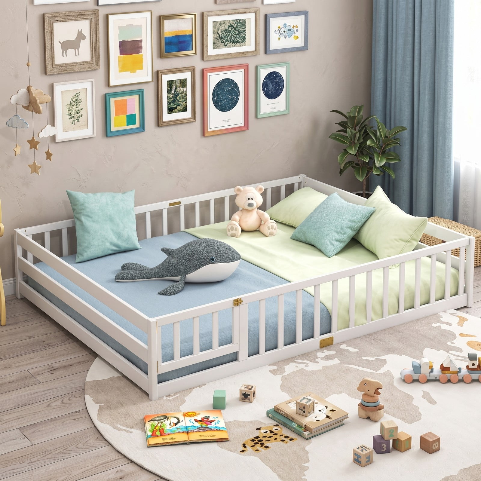 Furnibear Queen Size Bed Frame Montessori Floor Bed for Kids, House Bed with Full Length Guardrails and Lockable Gate, Wood Queen Bed Frame, White
