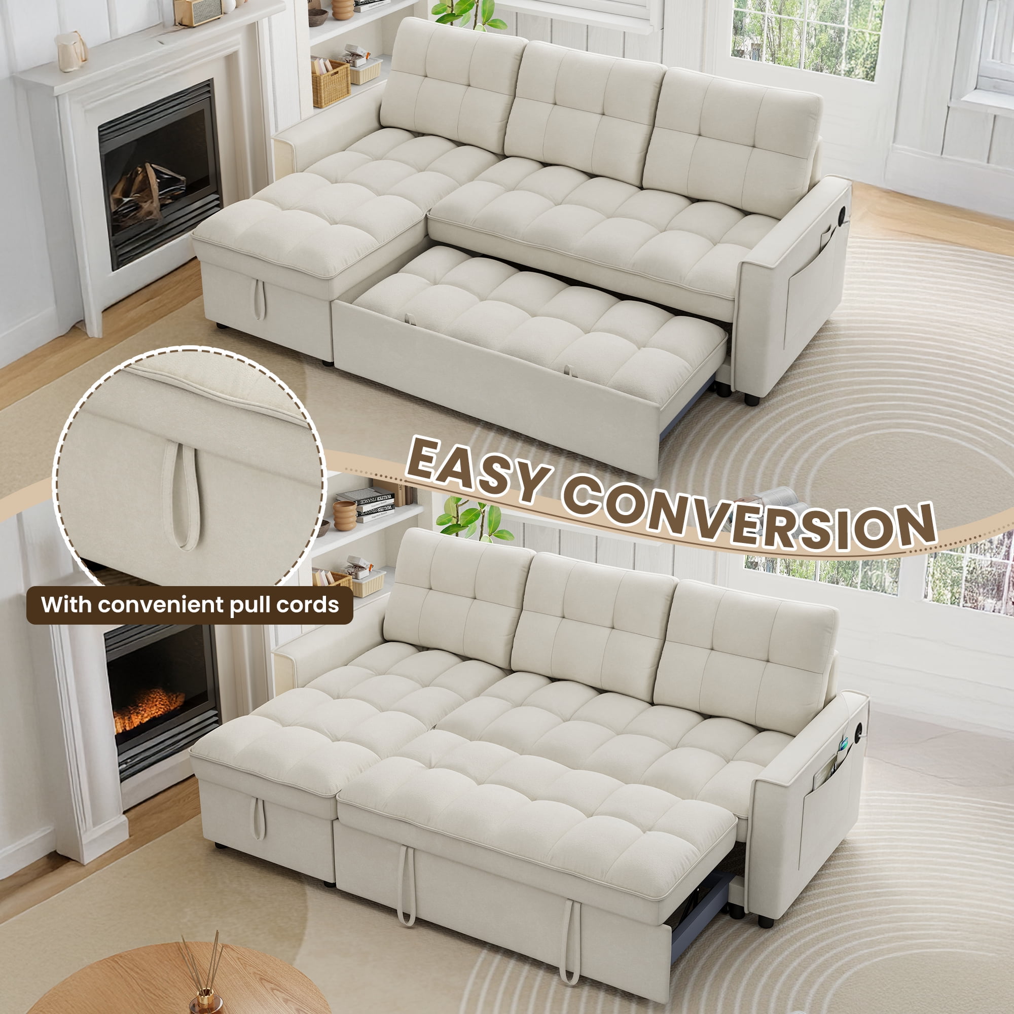 Muumblus Convertible Sofa Bed, Sectional Sleeper Sofa with Storage Chaise, L-Shaped Couch for Living Room, Beige Chenille