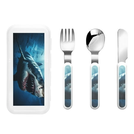 

Bingfone 3D Realistic Shark Print Toddler Utensils Kids Silverware 3pcs Safety Stainless Steel Toddler Fork Spoon Knife Set Children Flatware Set