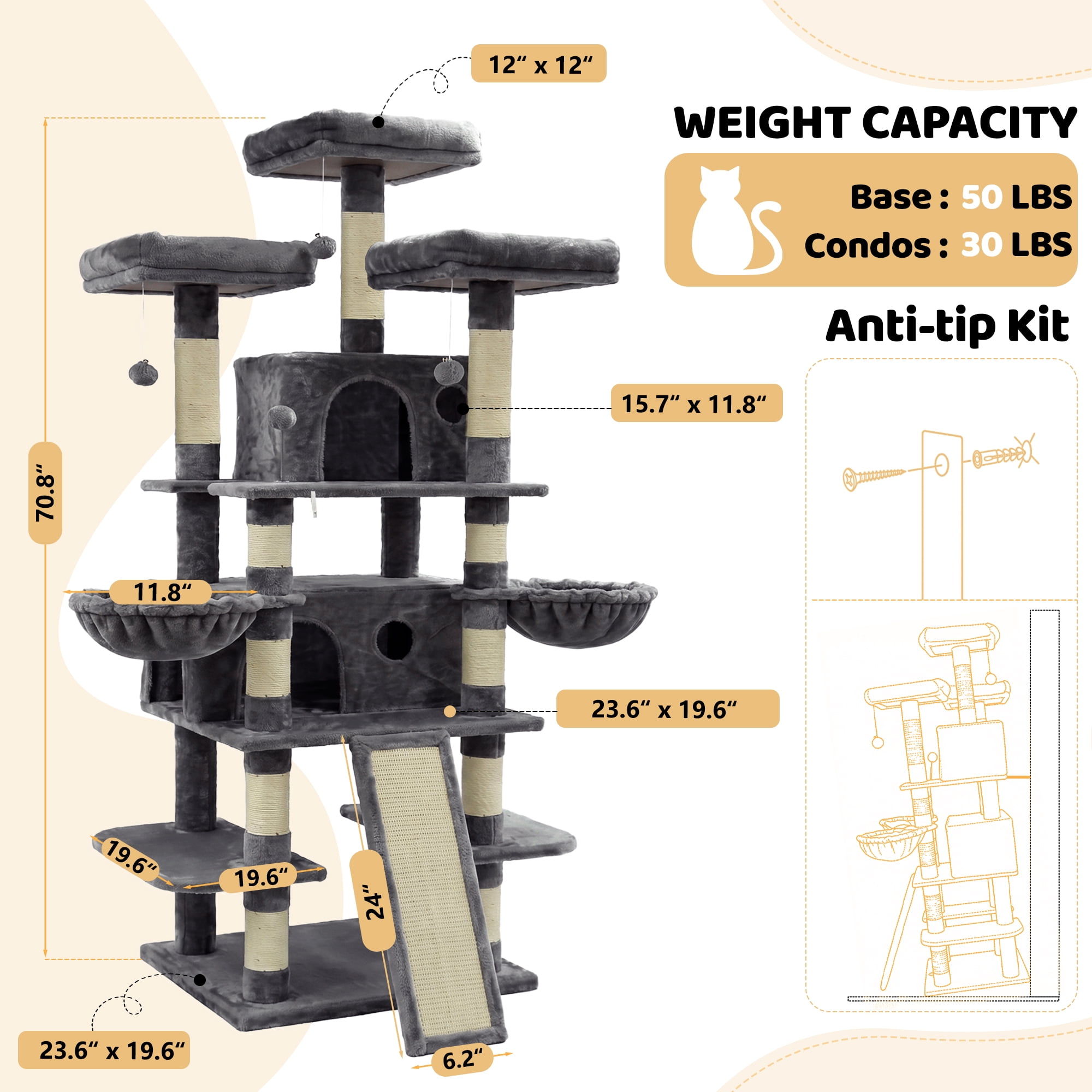 FOOWIN 70.8" Large Cat Tree, Multi-Level Cat Tower with Sisal Scratching Posts, Cat Activity Center Cat Play House, Dark Blue