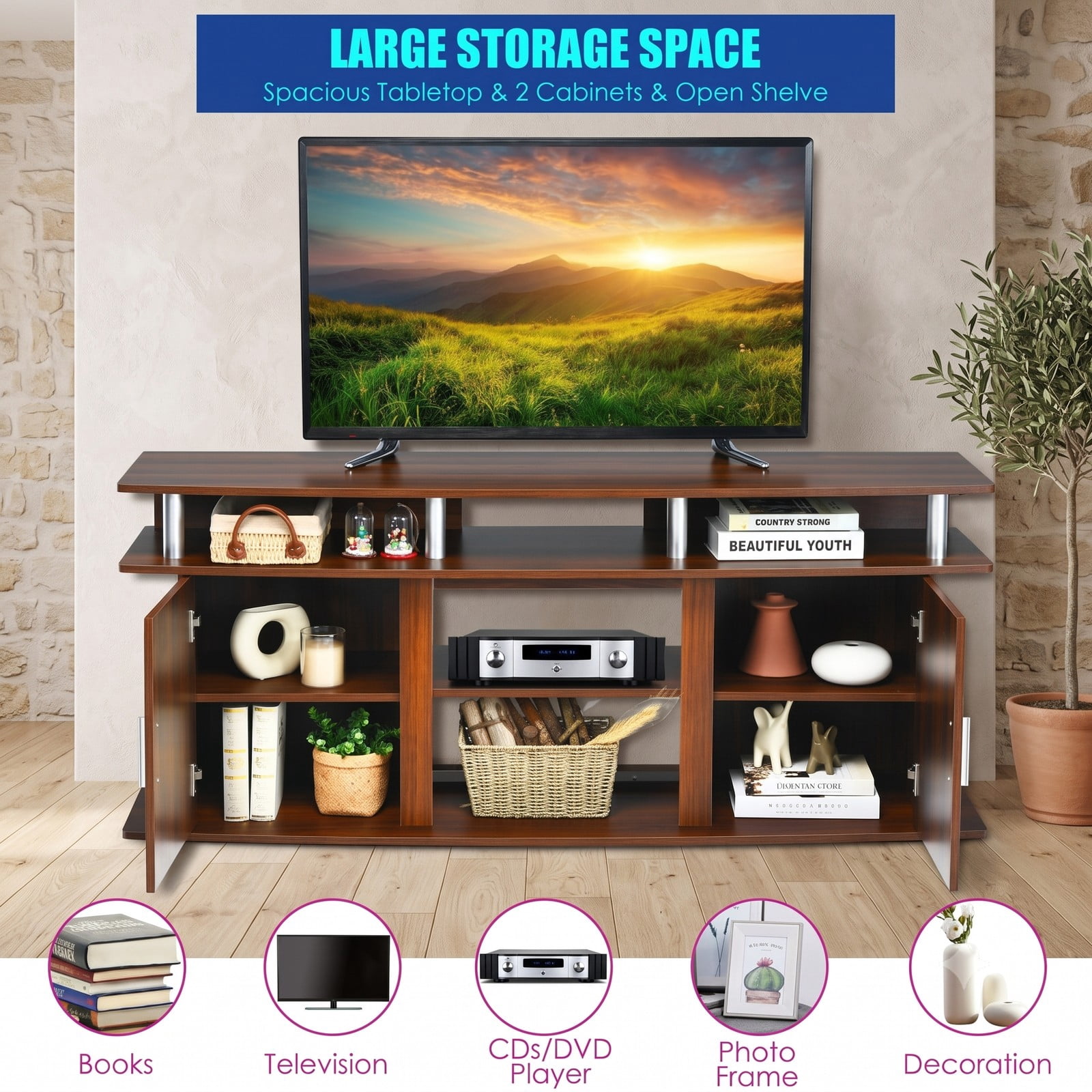 Furnibear 63 Inch TV Stand Entertainment Center for TVs up to 70 Inch, Modern Media Console with 2 Storage Cabinets and Open Shelves, Fireplace-Ready Wood TV, Walnut