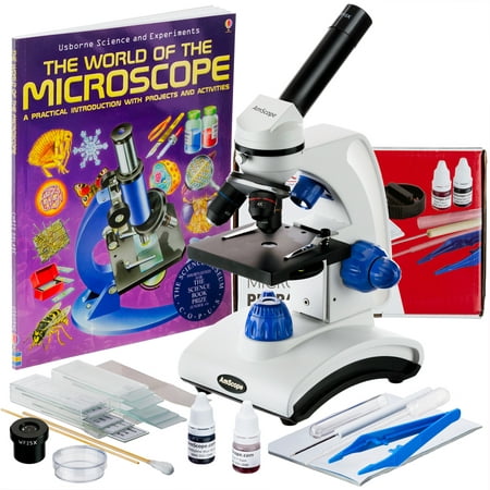 AmScope 40X-1000X Dual Light Glass Lens Metal Frame Student Microscope with Slides, Tools and Book