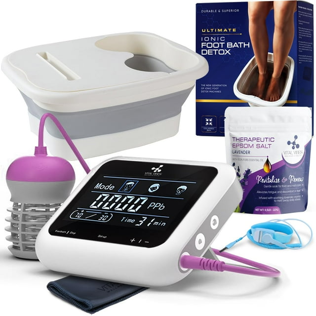 Vital Vibes Ultimate Ionic Foot Bath Detox Machine - Máquina de desintoxicación de pies para baño de spa de pies con pantalla táctil - Sal de Epsom y toalla de baño - Bañera plegable para pies - pulse