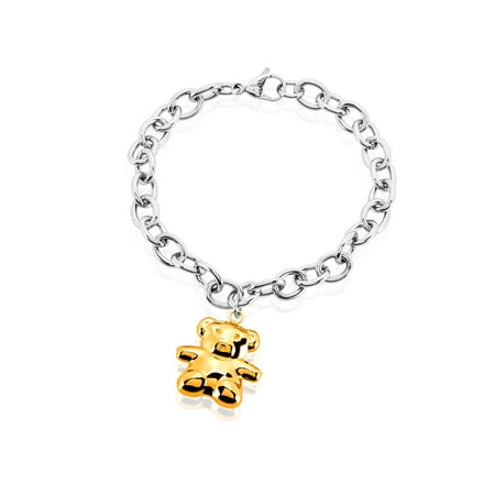 Chicago Bears Rubber Bracelet - Gold Plated Bear Charm Stainless Steel Cable Chain Bracelet - 8