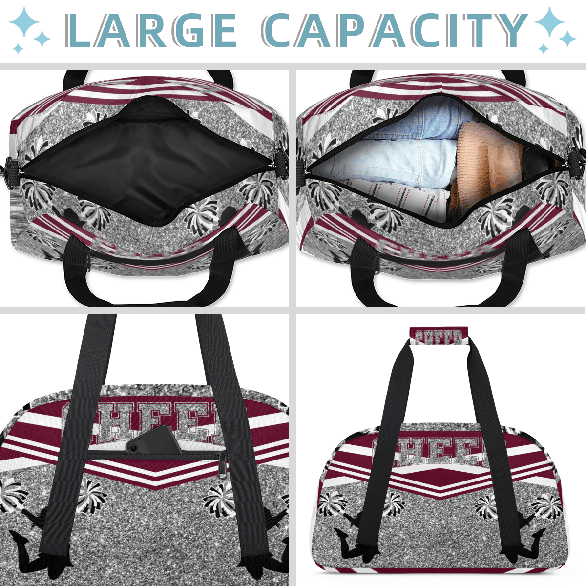 Herdesigns Sports Duffle Bags Travel Duffle Bag Gym Bag Cheer Red Weekender Travel Bag Waterproof Overnight Bag Carry On Travel Tote Bag Dance Bags