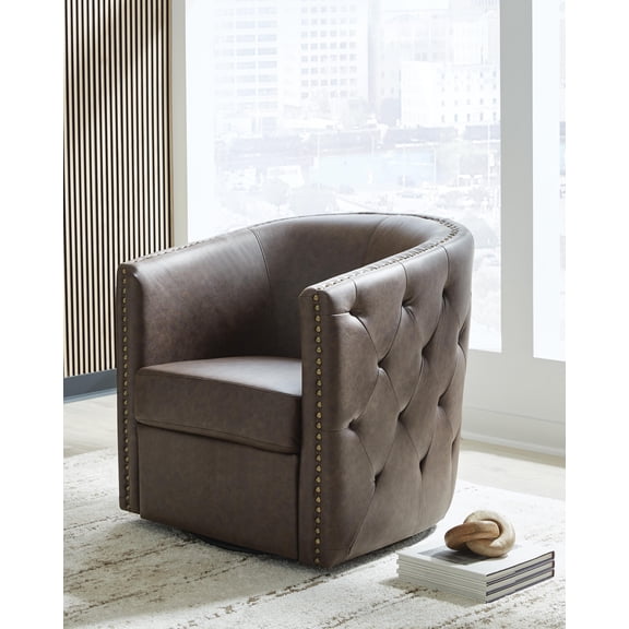 Signature Design by Ashley Brentlow Swivel Accent Chair, Granite, Faux Leather Barrel Chair with 360-Degree Swivel, Tufted Sides and Nailhead Trim