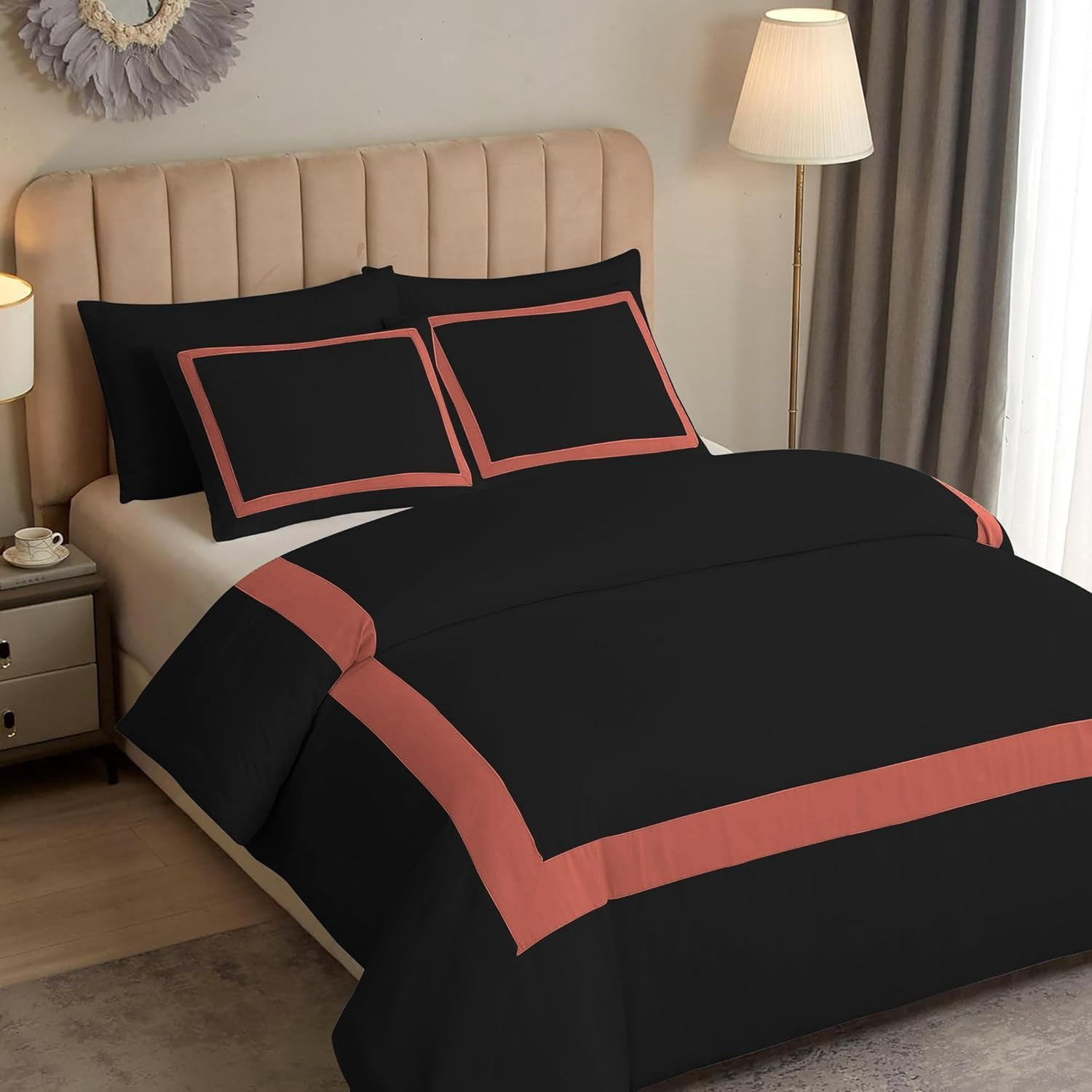 DNG Creations 1 Piece Full Black And Brick Red Border Line Pattern Duvet Cover - 100% Egyptian Cotton, 800 Thread Count ( California King )