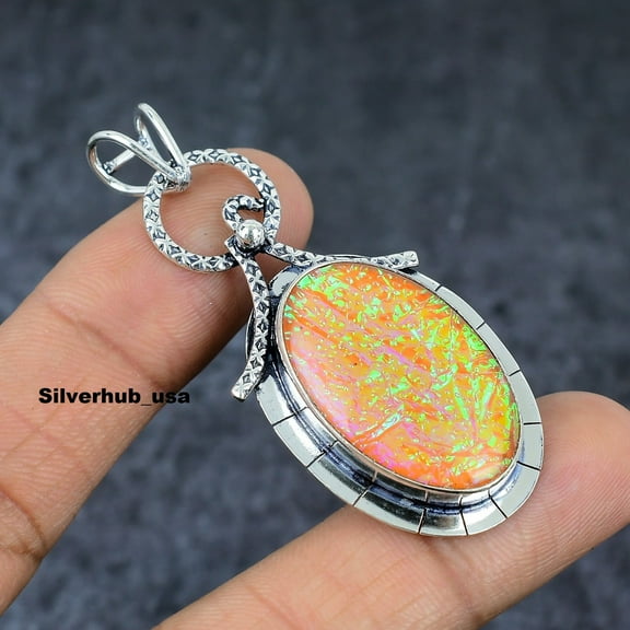 Adidev 30 Carat Australian Opal Gemstone Oval Shape OrangeColor 925 Sterling Silver Plated Pendant for Women