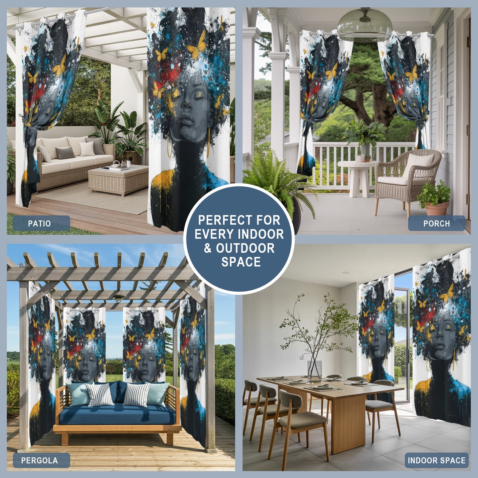African American Outdoor Curtains for Patio, Female Portrait Butterfly Sparkles Sunshade Privacy Drapes Grommet Waterproof Outside Curtains for Porch/Cabana/Balcony 54"x 108", 1 Panel