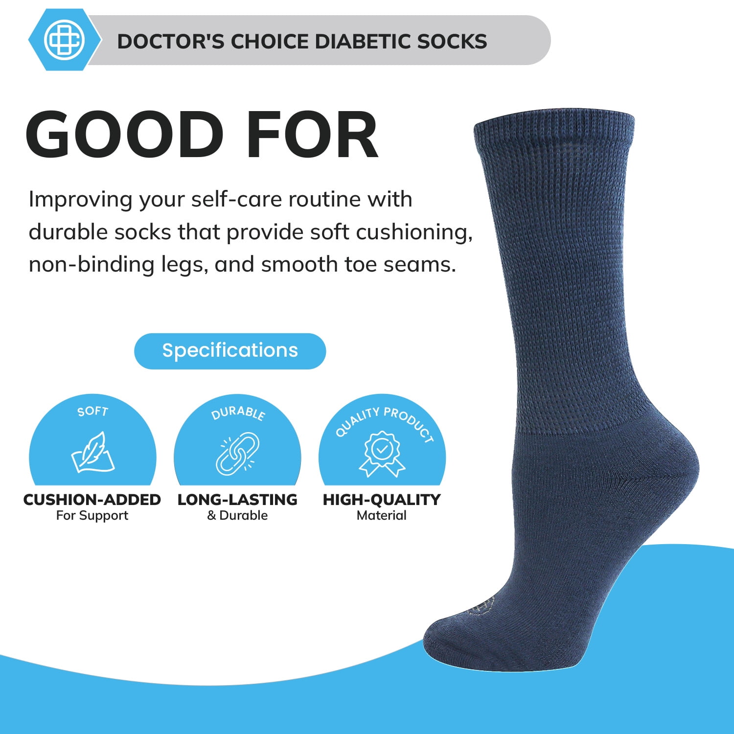 Doctor's Choice Diabetic Full Cushion Crew Women's Socks, Large, Women's Shoe Size 10-13, 4 Pack
