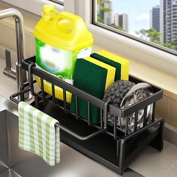 Sink Caddy with Removable Dishcloth Holder, Stainless Steel Black Kitchen Sink Organizer, Self-draining Sponge Holder, Sink Storage Rack for Kitchen Cleaning Supplies