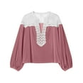 thumbnail image 4 of XUNKUSGA Women's Blouses Fashion Lace Velvet Patchwork Color Block Tops for Women Loose Vintage Lantern Sleeve Womens Blouses Soft Long Sleeve V Neck Women's Tops Pink, 4 of 5