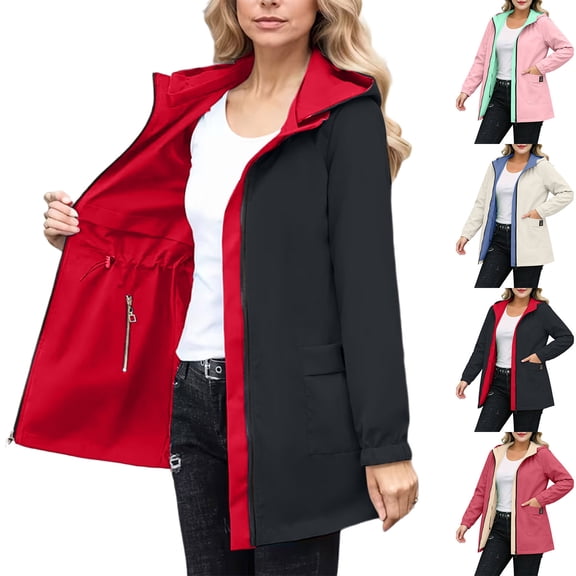 Windbreaker Jacket Women Outdoor Plus Size Hooded Long Sleeve Solid Color Double Sided Coat Winter Sports Casual Jacket Outerwear with Pockets