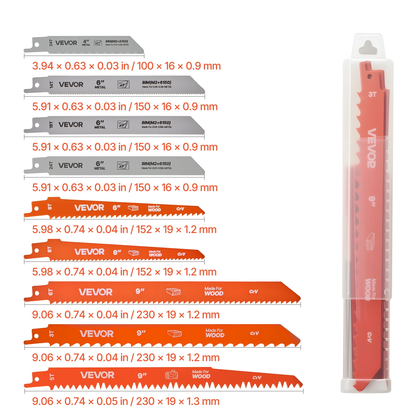 VEVOR Reciprocating Saw Blades, 32-Piece, Various Sizes Bi-Metal Reciprocating Saw Blade Set with Universal Shank, for Metal and Wood Cutting, Sharp Teeth for Fast and Smooth Cuts, Orange and Gray