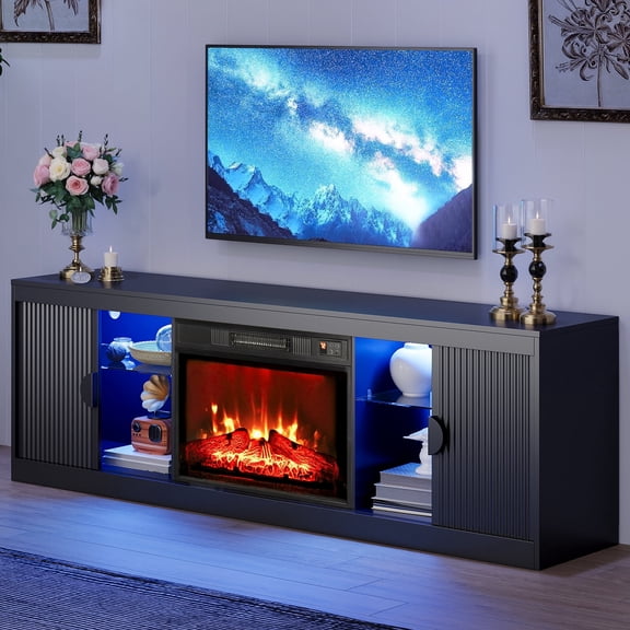 LGHM 70" Electric Fireplace TV Stand for TVs up to 80", Fluted TV Console with LED Lights, Wood Entertainment Center, Black