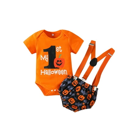 

Sunisery 2Pcs Toddler Baby Halloween Outfits Print Short Sleeve Snaps Romper + Suspenders Bloomer Clothes Sets