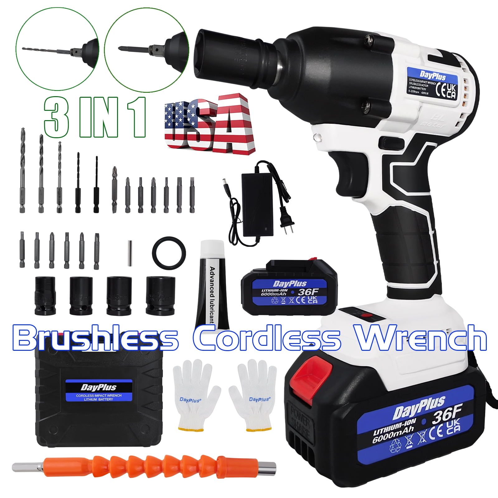 Dayplus Cordless Electric Impact Wrench Gun 1/2'' High Power Driver