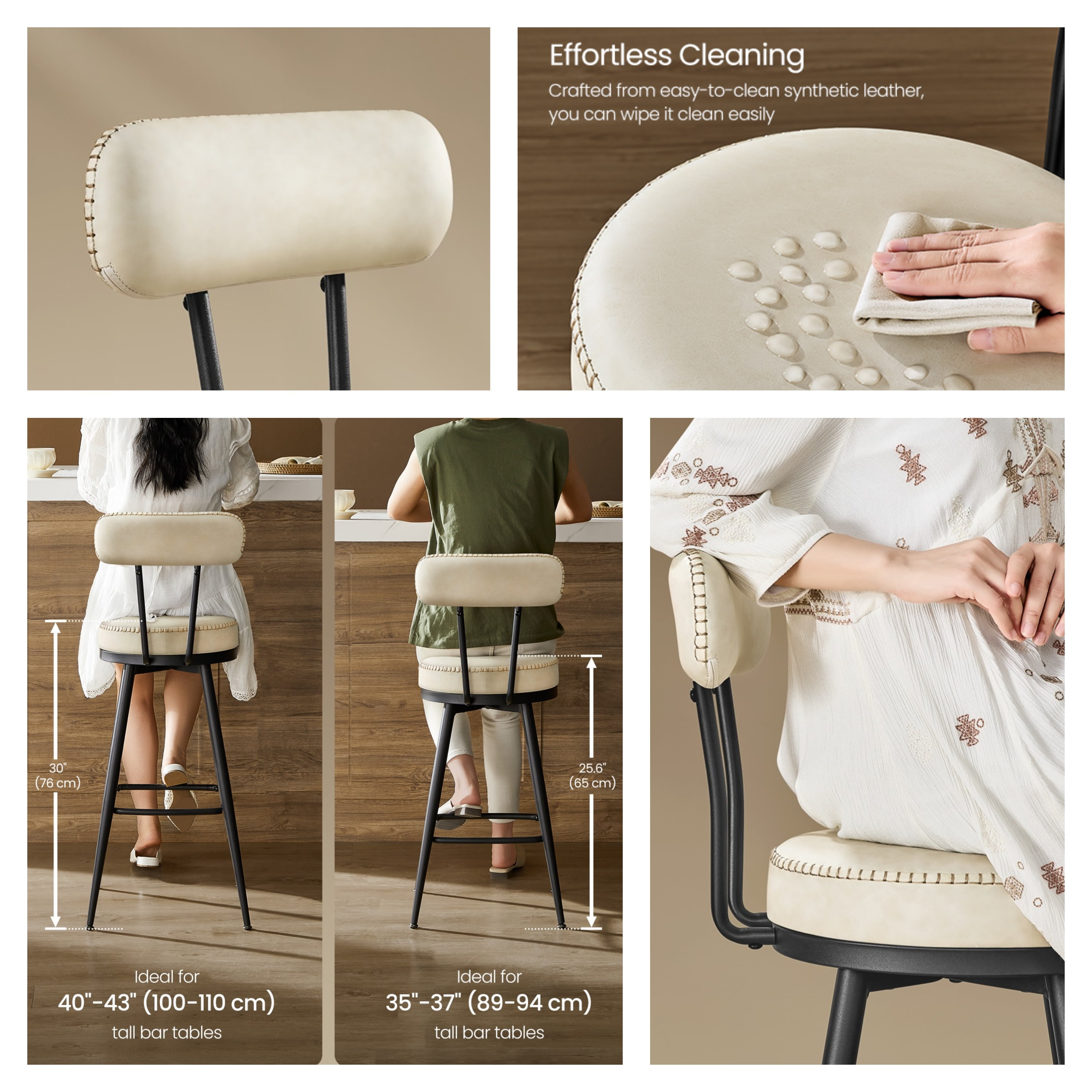 LEDREM Set of 2 Swivel Bar Stools, 25.6-Inch Counter Height Stools with Backrest & Synthetic Leather, Mid-Century Modern, Cream White