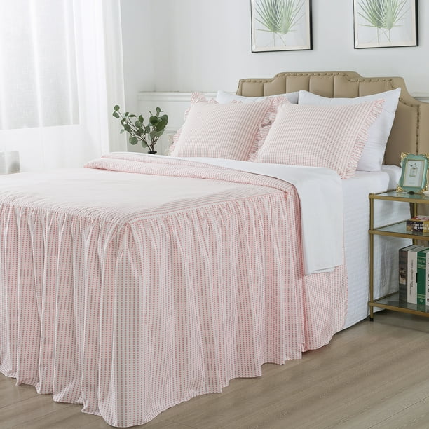 JML Full Size Ruffled Bedspread Set 3 Piece, Pink Dot