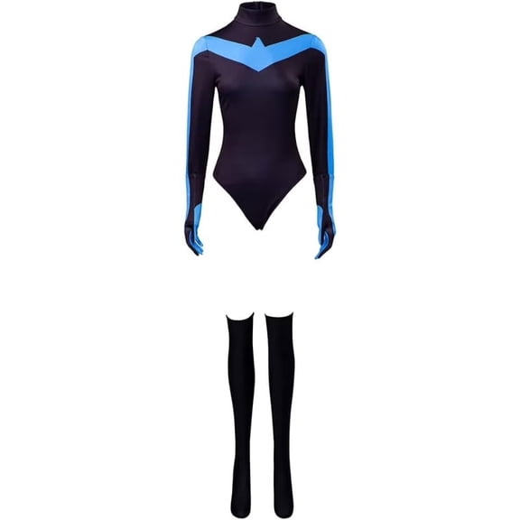 Women’s Night Black & Blue Wing Bodysuit Jumpsuit with Gloves and Stockings Full Set