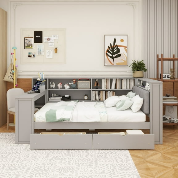 Wood Full Size Platform Bed with Storage Shelves, Drawers, Charging Station, LED, Desk and Upholstered Headboard, Grey  Grey Cushion