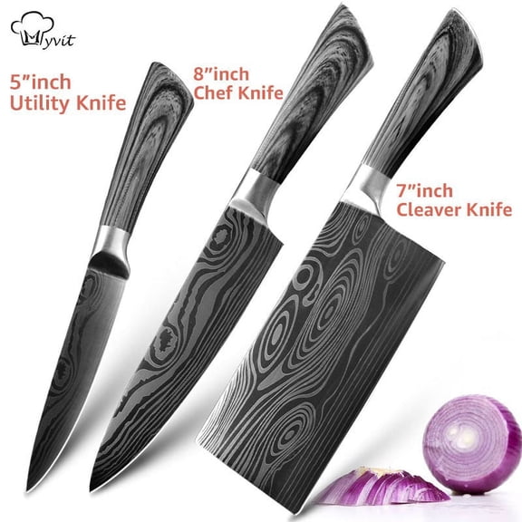 3PCS Butcher Knife Set High Carbon Steel Japanese knife Non-Stick Coated Damascus Laser Pattern Chef's Meat Cutting Cooking Knife