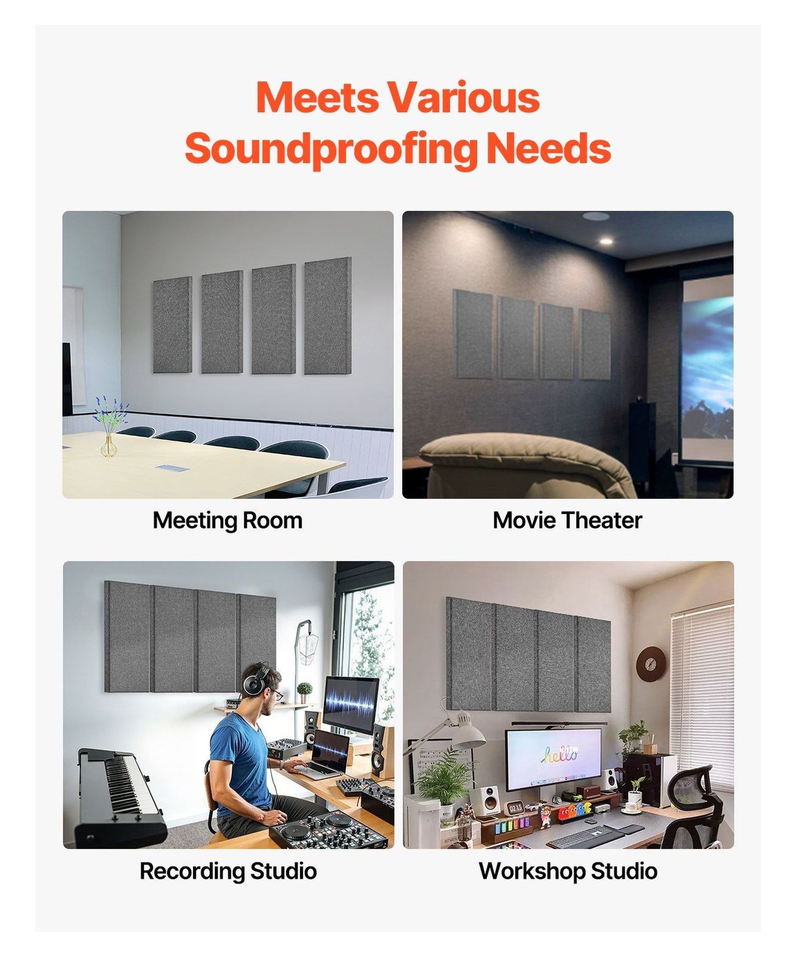 Acoustic Wall Panels 4 Pack, 2 inch Thick 23.6x11.8in Gray, Self-Adhesive Soundproofing Panels for Home & Office, Noise Reduction, Studio Foam Panels