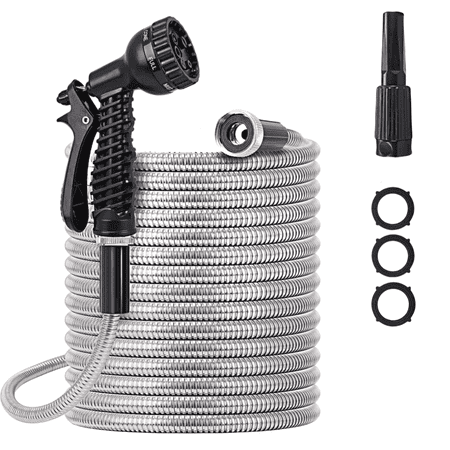 garden hose 100 ft,304 stainless steel heavy duty water hose with 7 function nozzles no-kink rust proof for yard outdoor
