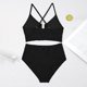 thumbnail image 5 of Tankini para mujer, traje de baño liso con escote en V, hueco, cintura alta, texturizado, plisado, dividido, dos piezas, tankini, 2 piezas, trajes de baño para mujer, tankinis, 5 of 5