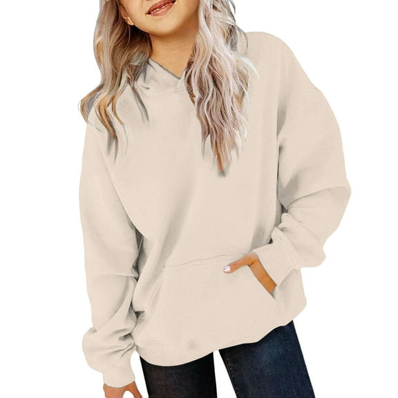 PINQI Teen Girls Oversized Hoodies Long Sleeve Cotton Pullover Sweatshirts Youth Kids Plain Trendy Hoodies Clothes with Pockets