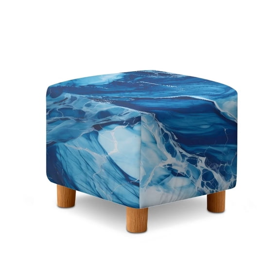 SCRAWLGOD Marble Print Dark Blue Ottoman Cover, Square Ottoman Cover Footrest Sofa Slipcovers Stool Covers Soft Footstool Covers Slipcovers Stretch Furniture Protector with Anti-Slip Band