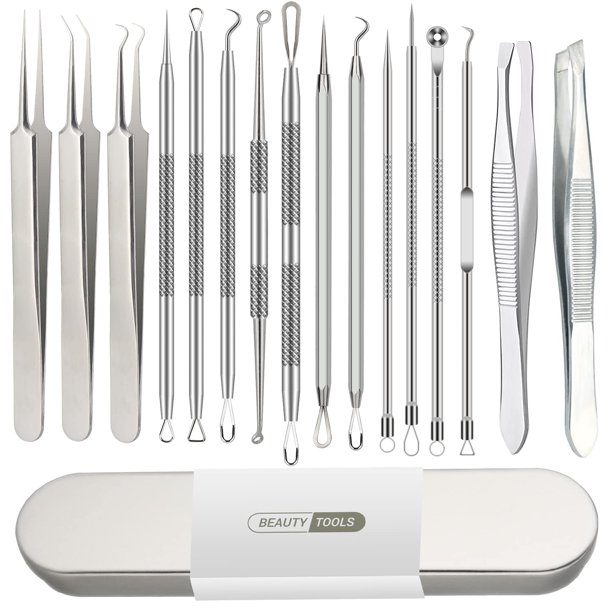 Kit de herramientas para hacer estallar espinillas Qimouwp, 16 piezas con caja de acero inoxidable